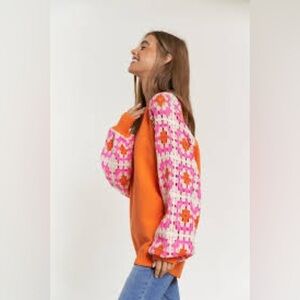 Granny Square Sleeve Knit Sweater